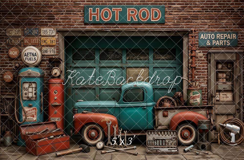 Kate Father's Day Vintage Garage Truck Gas Pump Tools Printed Backdrop Designed by Emetselch