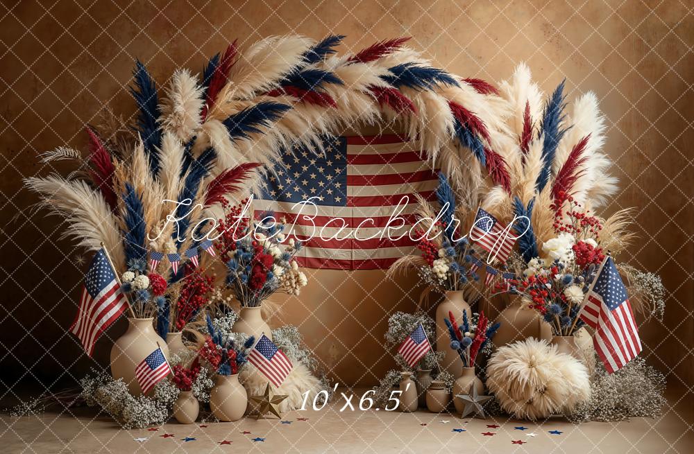 Kate Patriotic Boho Pampas Flower Arch American Flag Printed Backdrop Designed by Emetselch