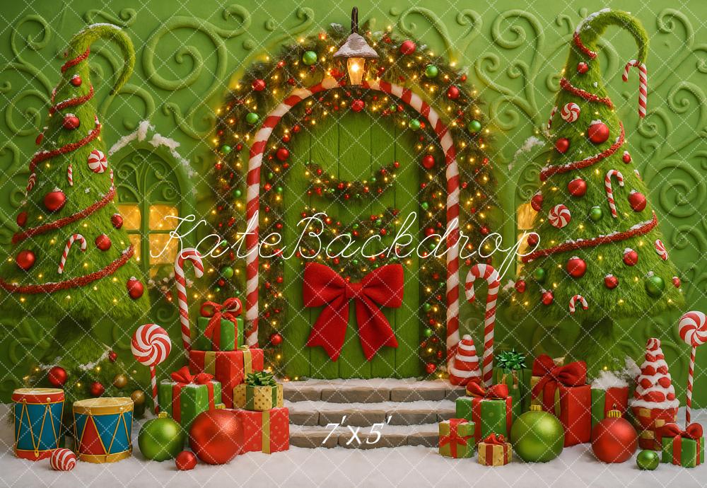 Kate Christmas Witch Door Green Candy Arch Trees Gifts Backdrop Designed by Ashley Paul