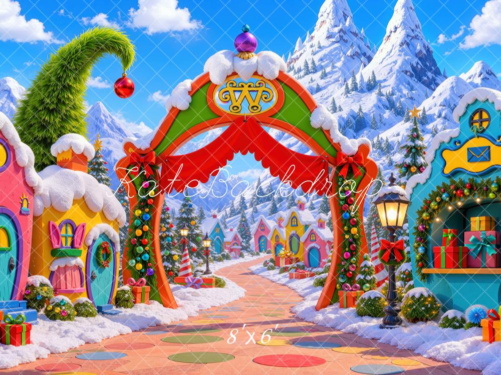 Kate Christmas Whimsical Whoville Village Arch Snowy Mountains Printed Backdrop Designed by Mini MakeBelieve