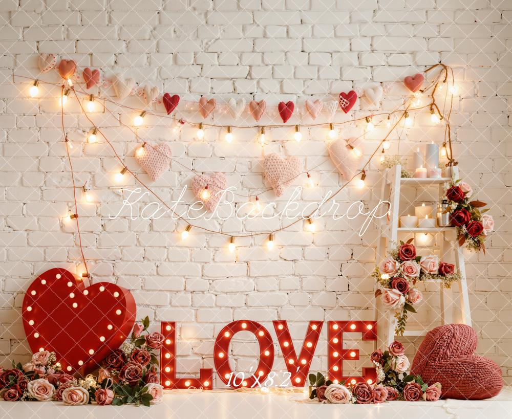 Kate Valentine's Day Love Heart Roses Lights Printed Backdrop Designed by Emetselch