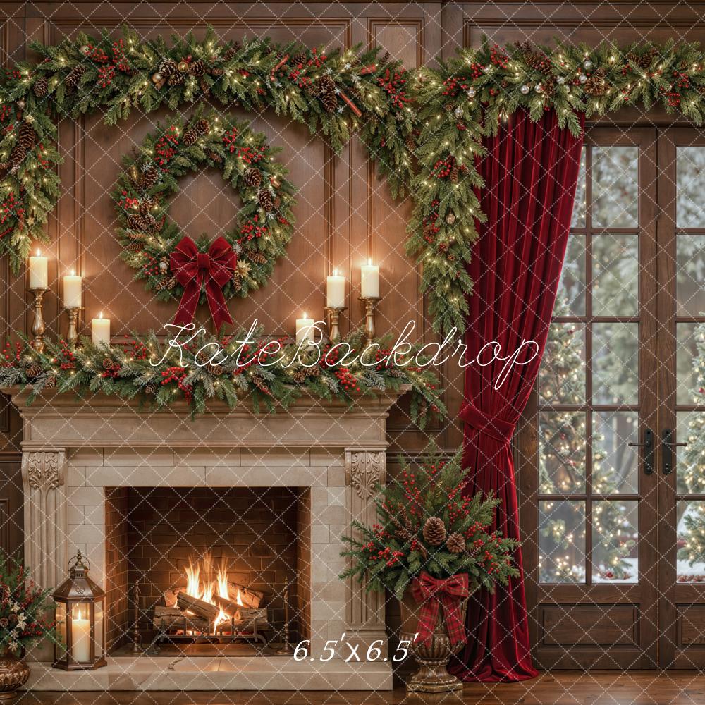 Kate Christmas Fireplace Garland Window Red Curtains Brown Printed Backdrop Designed by Emetselch