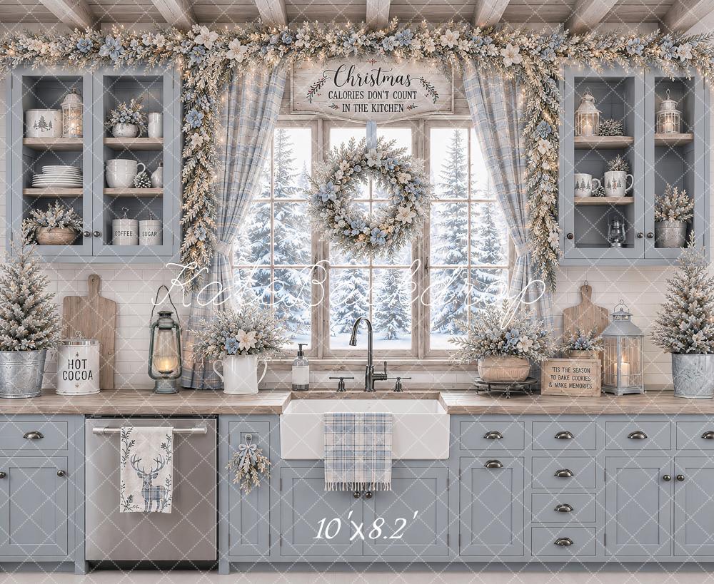 Kate Christmas Blue Kitchen Floral Wreath Snowy Printed Backdrop Designed by Ashley Paul