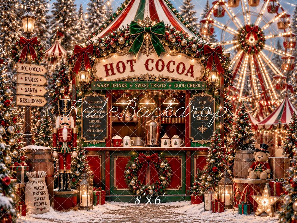 Kate Christmas Hot Cocoa Stand Ferris Wheel Nutcracker Snow Printed Backdrop Designed by Ashley Paul