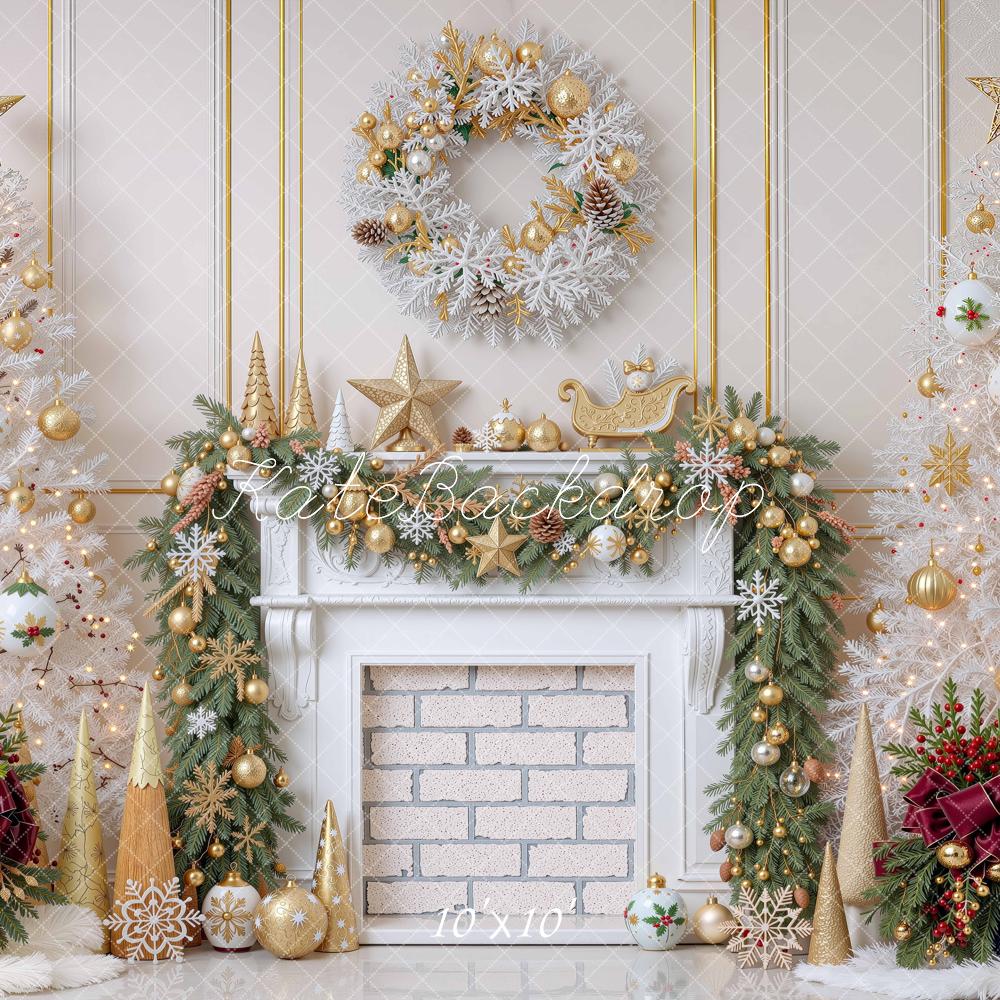Kate Christmas White Trees Gold Fireplace Wreath Printed Backdrop Designed by Mini MakeBelieve