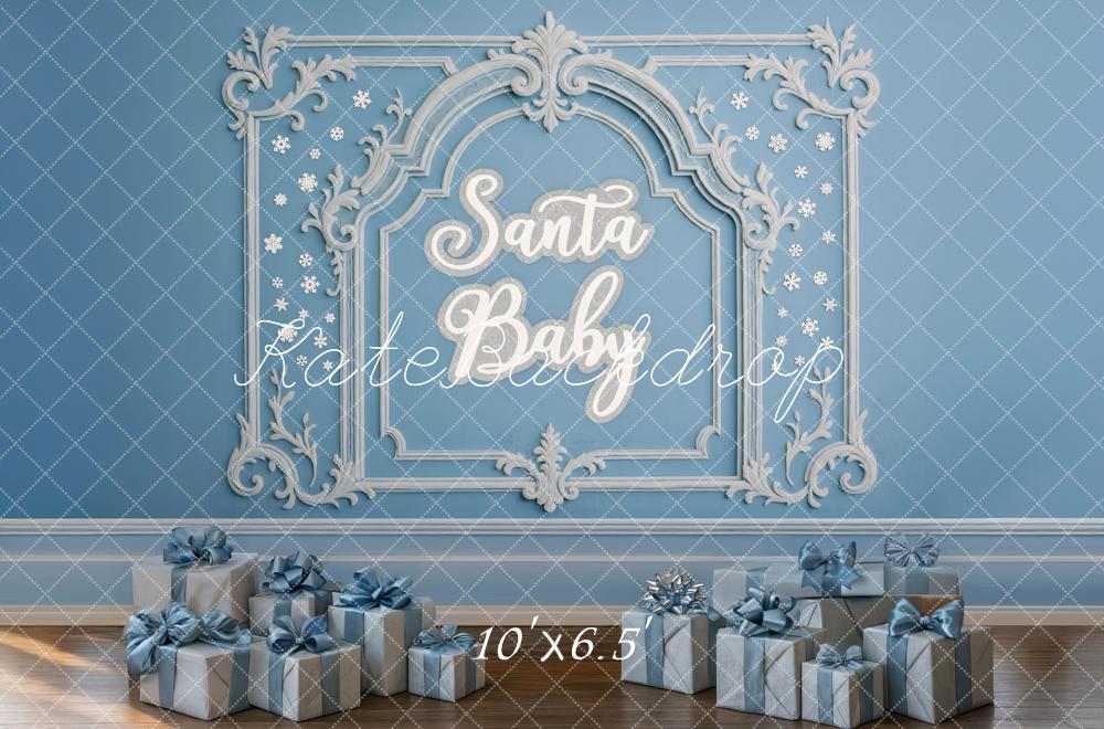 Kate Christmas Blue Santa Baby Ornate Frame Gifts Backdrop Designed by Mini MakeBelieve