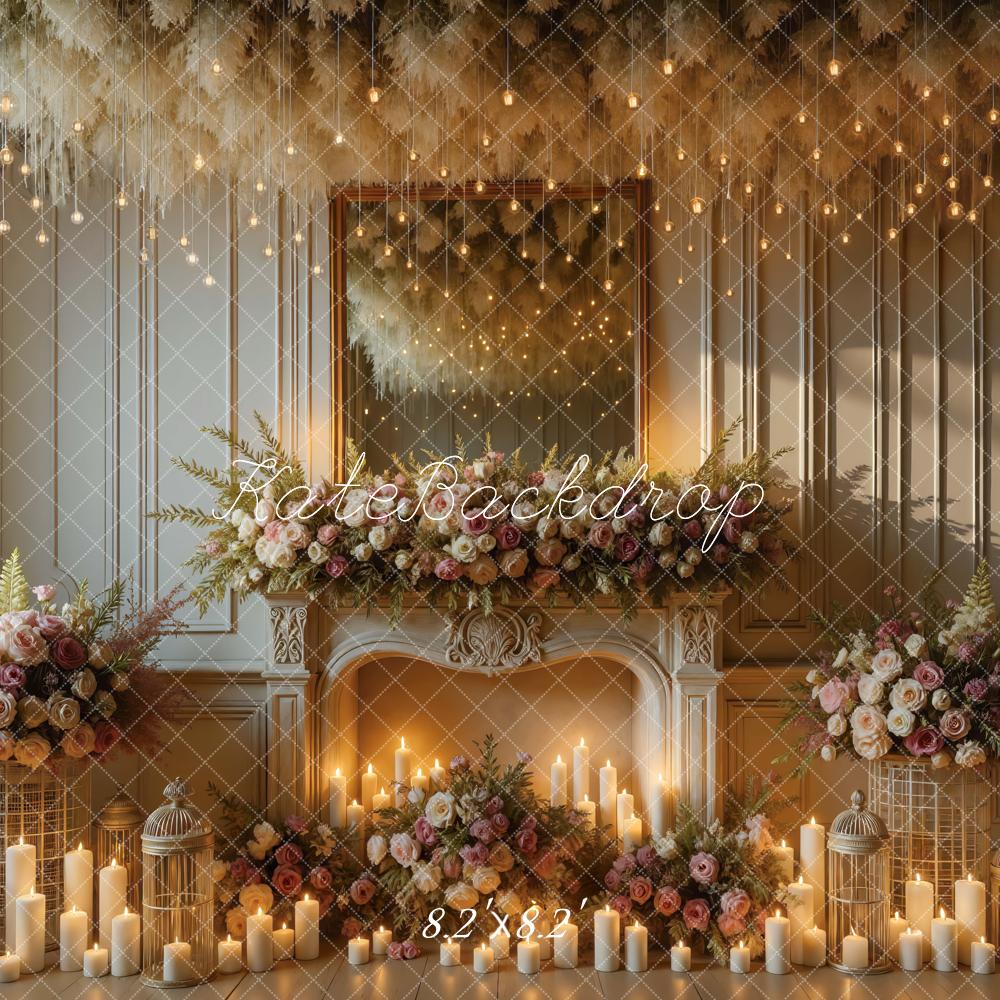 Kate Floral Fireplace Candles Mirror Hanging Lights Printed Backdrop Designed by Mini MakeBelieve
