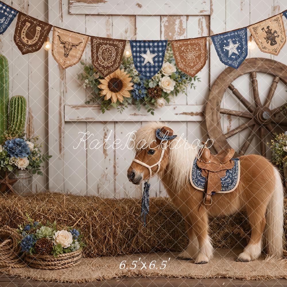 Kate Western Barn Pony Hay Bales Cactus Wagon Wheel Printed Backdrop Designed by Emetselch