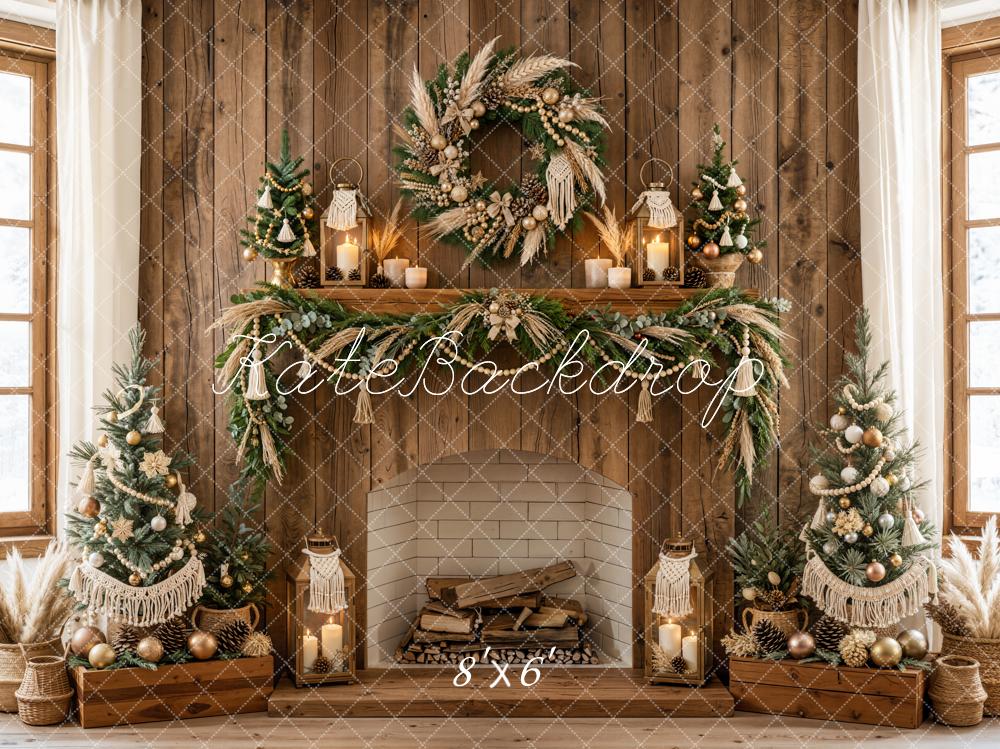 Kate Christmas Rustic Wood Fireplace Boho Wreath Garland Trees Printed Backdrop Designed by Emetselch