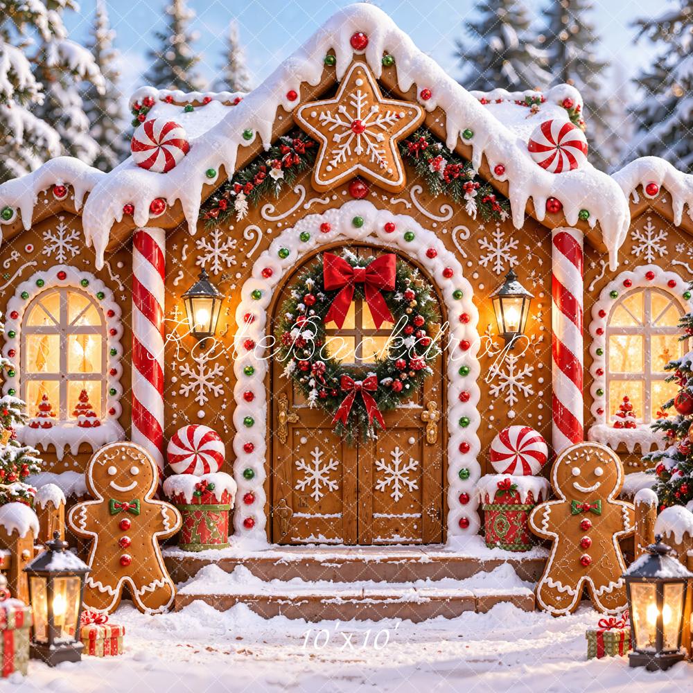 Kate Christmas Snowy Gingerbread House Doorway Candy Cane Printed Backdrop Designed by Chain Photography