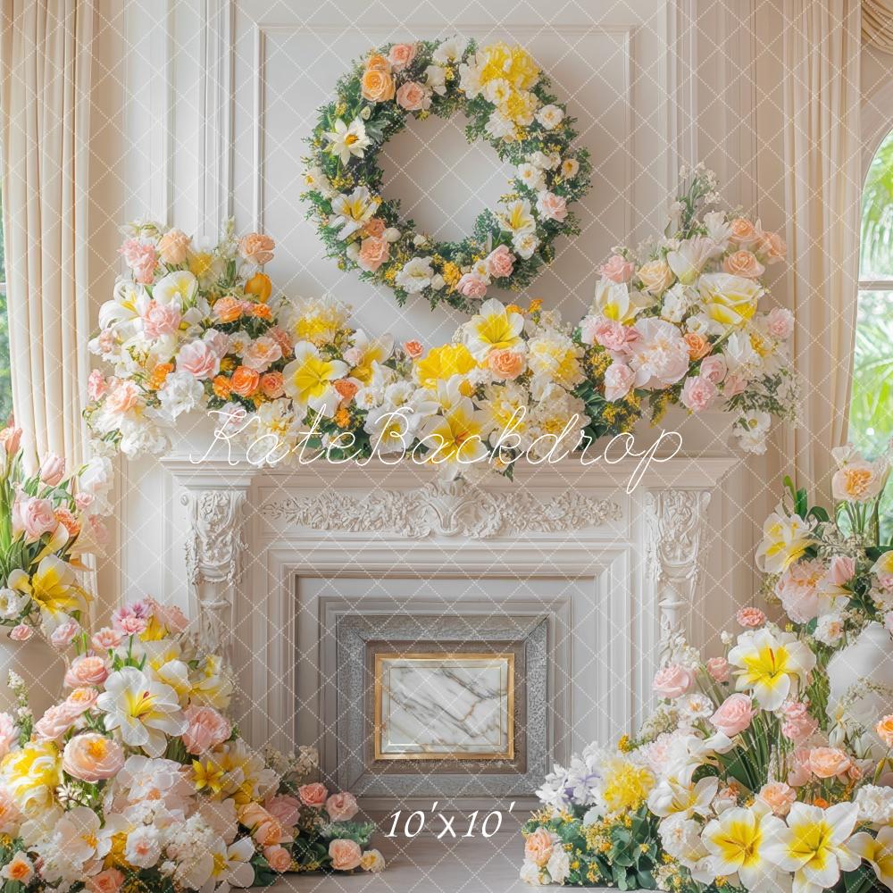 Spring Floral Retro Fireplace Gele Foto Achtergrond Designed by Mini MakeBelieve