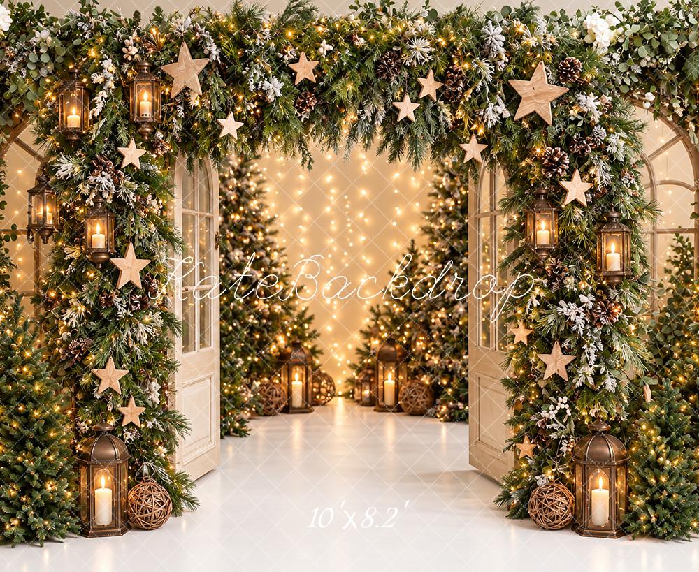 Kate Christmas Flower Arch Greenery Stars Lanterns Printed Backdrop Designed by Angela Miller