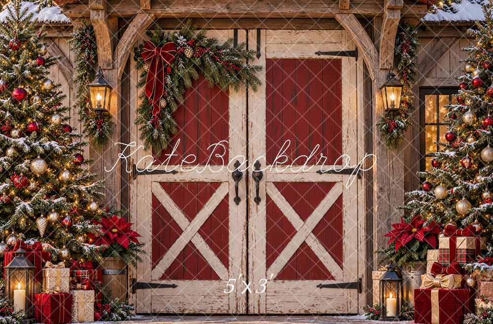 Kate Christmas Rustic Red Barn Door Christmas Trees Gifts Printed Backdrop Designed by Shutter Swan Studios