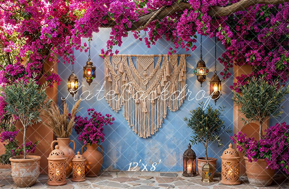 Kate Boho Macrame Pink Flower Arch Lanterns Blue Wall Backdrop Designed by Emetselch