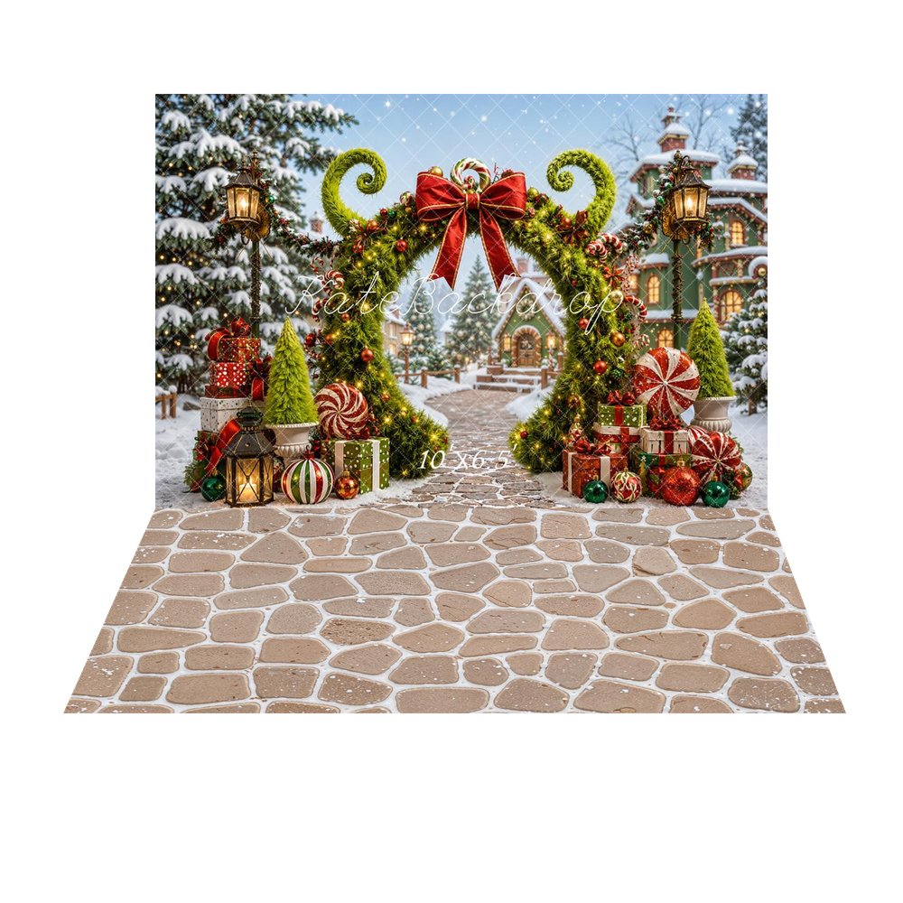 Kate Christmas Fantasy Green Arch Peppermint Presents Snow Village Printed Backdrop+Beige Cobblestone Wall Texture Printed Backdrop