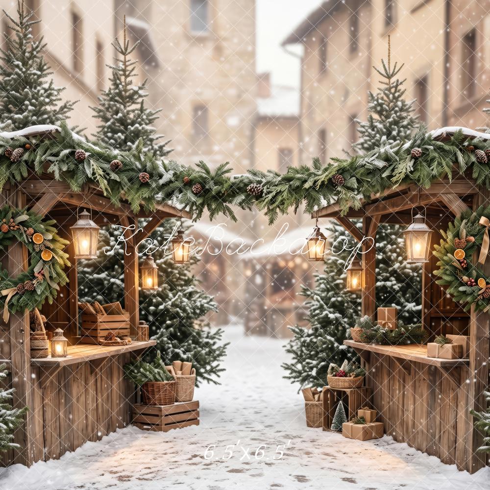 Kate Christmas Snowy Evergreen Market Street Snow Printed Backdrop Designed by Patty Roberts