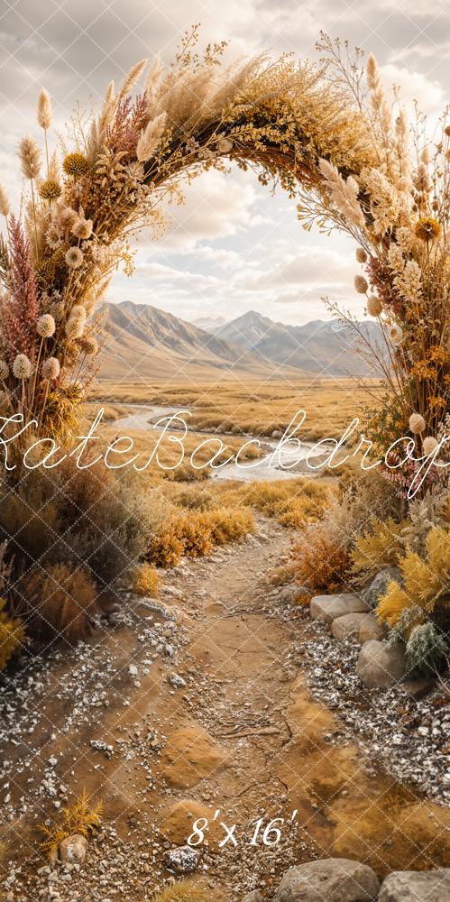 Kate Boho Outdoor Flower Arch Rustic Pathway Mountains Printed Backdrop Designed by Emetselch