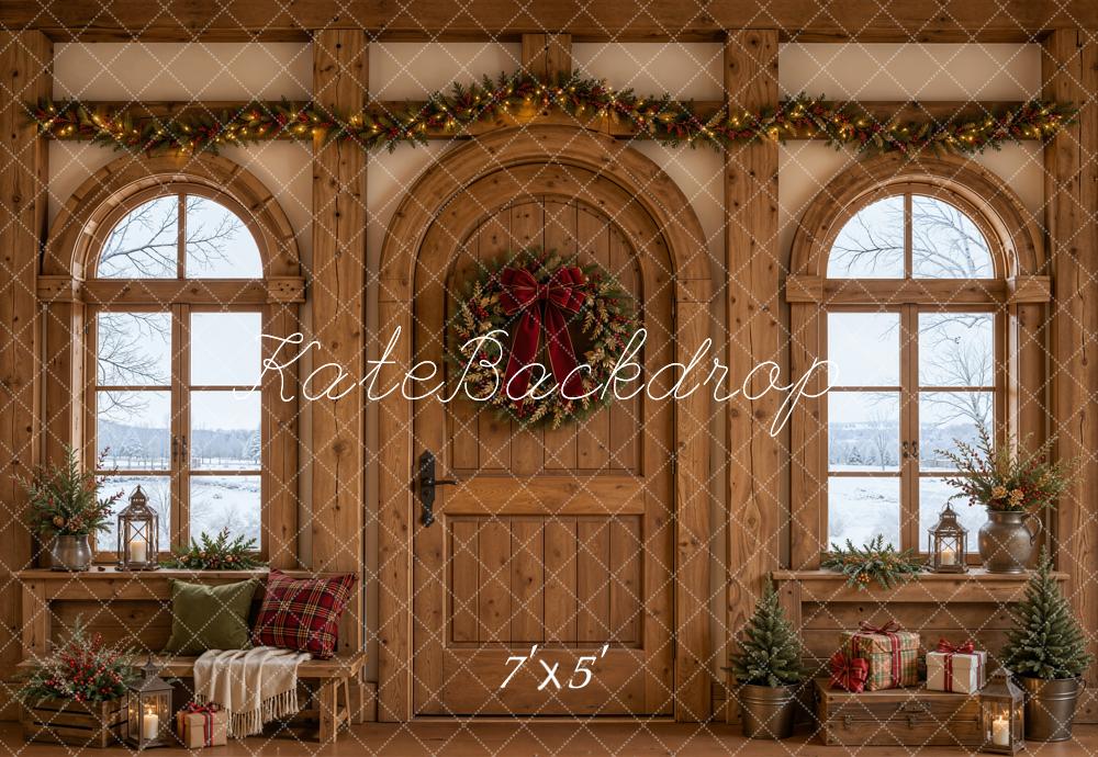 Kate Christmas Rustic Wooden Door Garland Arched Windows Gifts Printed Backdrop Designed by Emetselch
