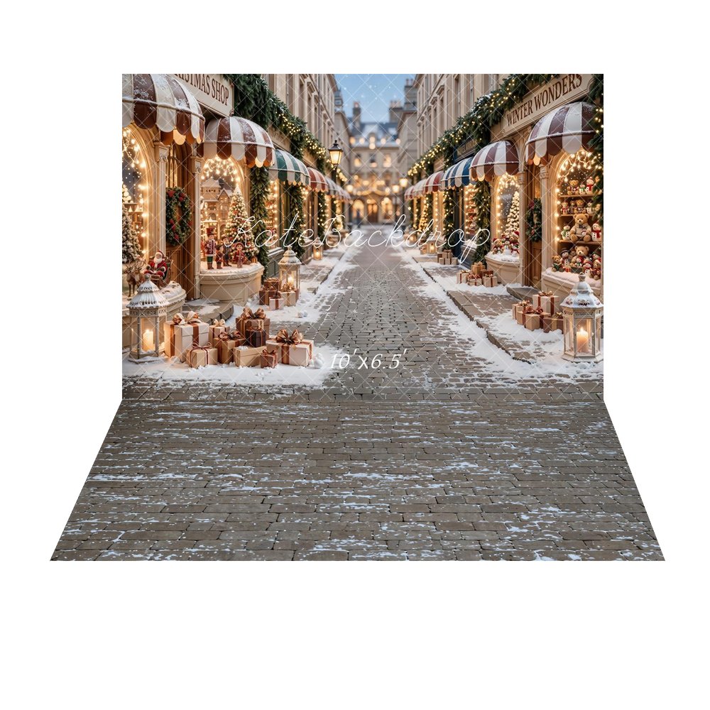 Kate Christmas Shop Snowy Street Printed Backdrop+Cobblestone Snow Floor Printed Backdrop