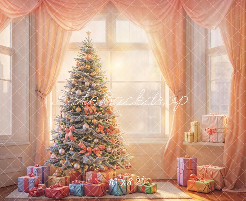 Kate Christmas Tree Pink Curtain White Window Printed Backdrop Designed by Emetselch