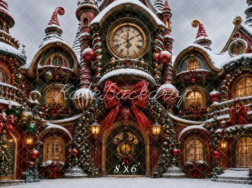 Kate Christmas Whimsical Clock Manor Snow Printed Backdrop Designed by Vertigo Productions
