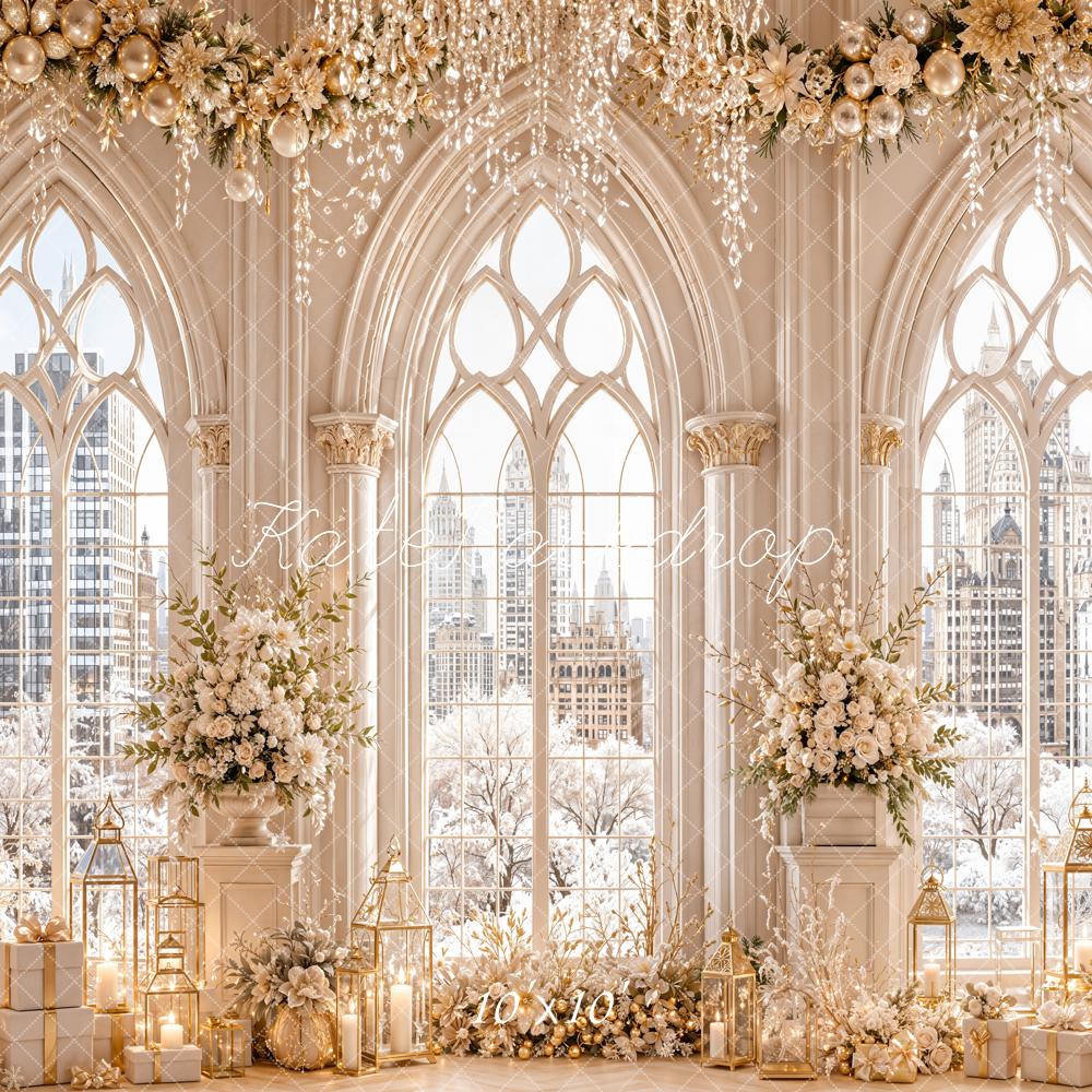 Kate Christmas Luxury White Floral Arched Windows Winter Cityscape Printed Backdrop Designed by Emetselch