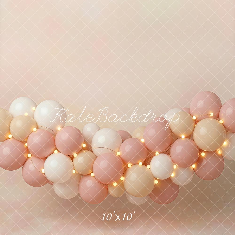 Kate Cake Smash Pink Balloon Garland String Lights Printed Backdrop Designed by Emetselch