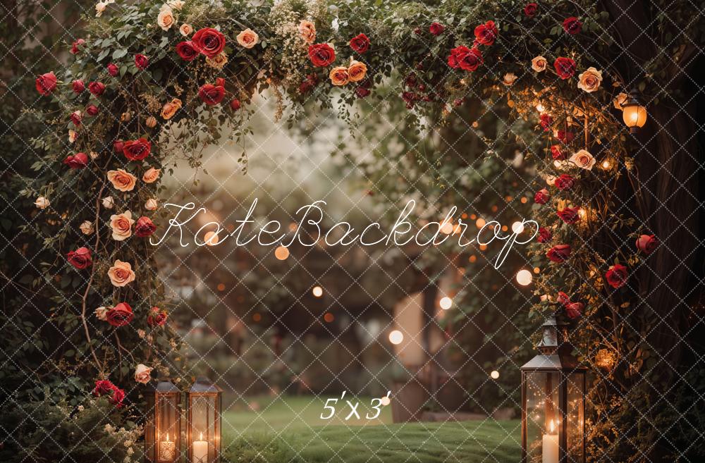 Fondo de jardín con arco de flores romántico de San Valentín diseñado por Emetselch