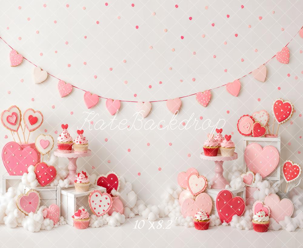 Kate Valentine's Day Birthday Pink Heart Cupcake Dessert Table Printed Backdrop Designed by Emetselch