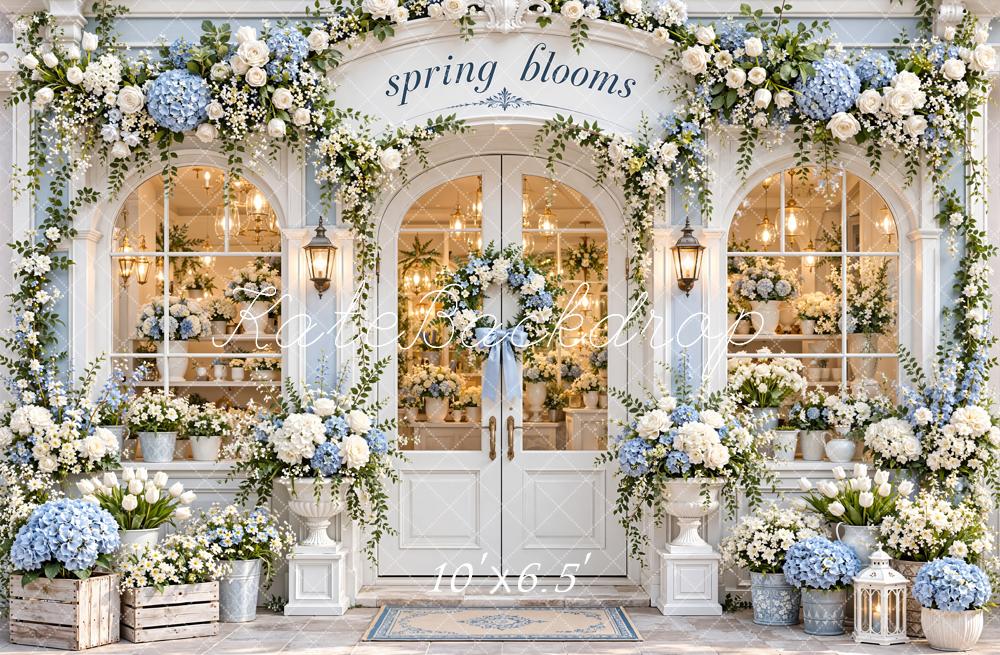 Kate Spring Flower Shop Blue White Hydrangeas Printed Backdrop Designed by Emetselch