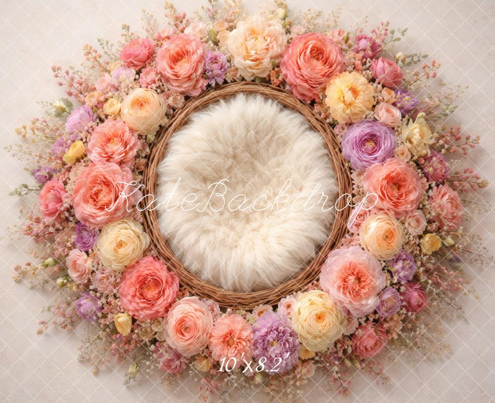 Kate Newborn Pastel Flower Arch Wicker Nest Printed Backdrop Designed by Vertigo Productions