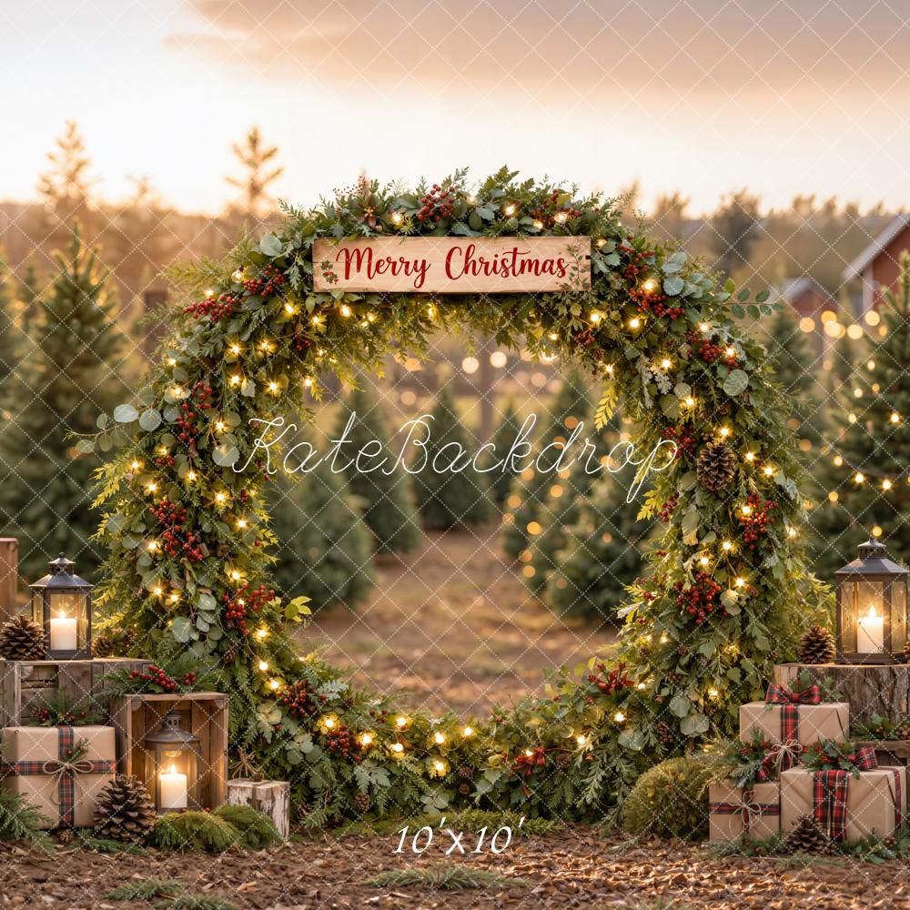 Kate Christmas Farm Greenery Arch Gift Boxes Rustic Printed Backdrop Designed by Emetselch