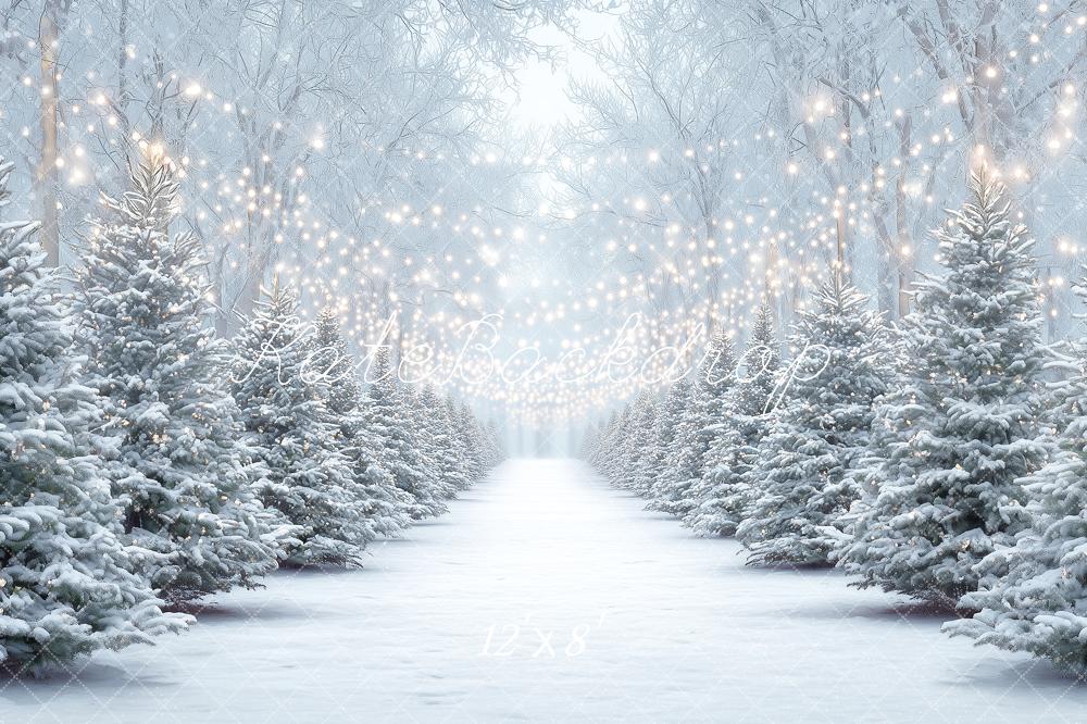 Kate Christmas Snowy Pine Trees String Lights Forest Printed Backdrop Designed by Angela Miller