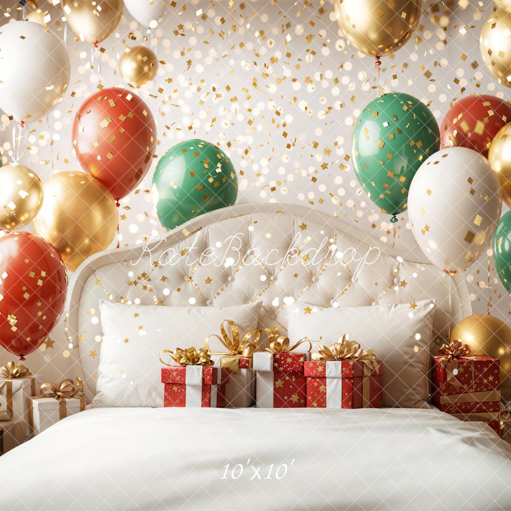 Kate Christmas Headboard Balloons Gift Boxes White Backdrop Designed by Emetselch