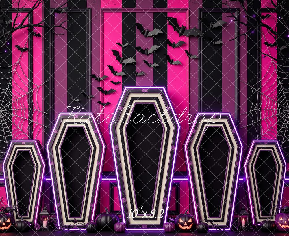 Kate Halloween Neon Coffins Bats Cobwebs Pink Black Printed Backdrop Designed by Patty Roberts