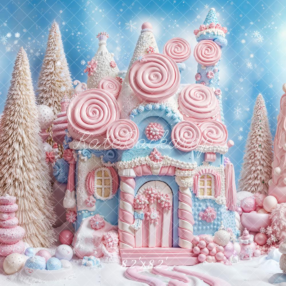 Kate Christmas Whimsical Candy Castle Pastel Snowy Trees Backdrop Designed by Emetselch