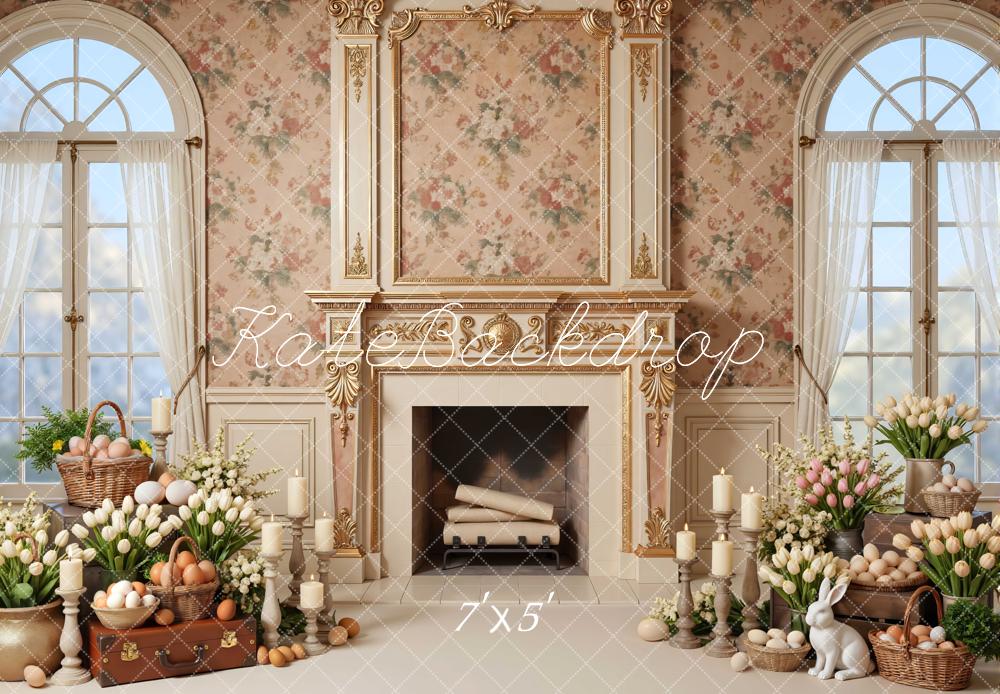 Kate Easter Bunny Fireplace Floral Eggs Printed Backdrop Designed by Mini MakeBelieve