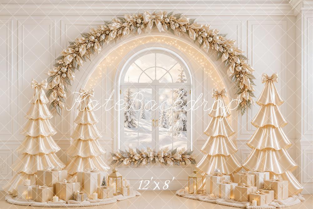 Kate Christmas Gold Satin Trees Garland Window Gifts Printed Backdrop Designed by Emetselch