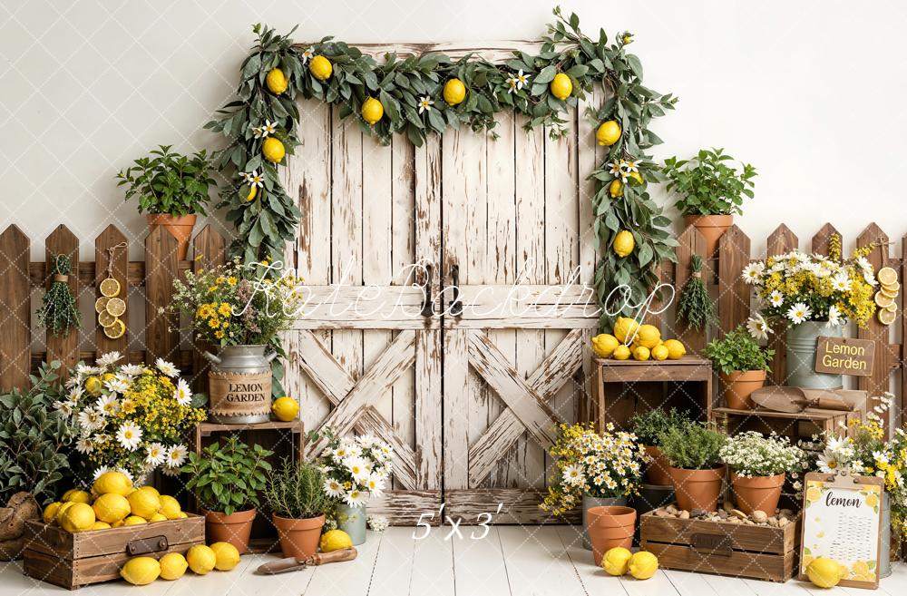 Kate Summer Lemon Garden Flowers Rustic Fence Barn Door Printed Backdrop Designed by Emetselch