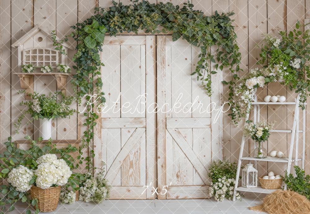 Kate Easter Rustic White Barn Door Flower Arch Ladder Greenery Backdrop Designed by Emetselch