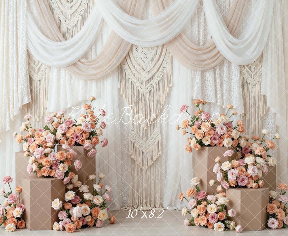 Kate Mother's Day Boho Flower Arch Macrame Beige Drapes Backdrop Designed by Mini MakeBelieve