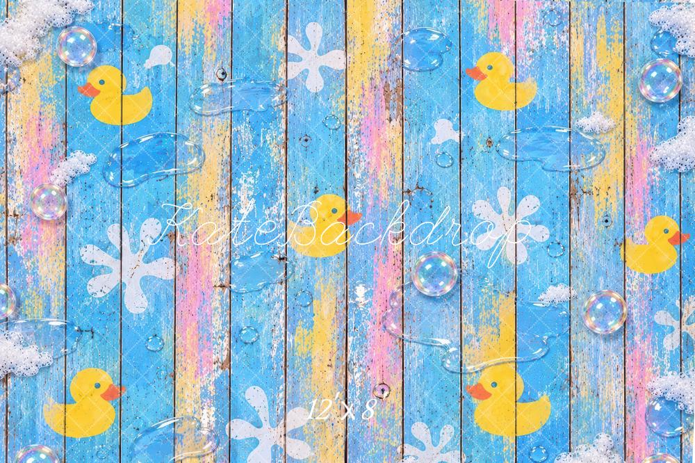 Kate Blue Rubber Duck Bubbles Wood Plank Floor Printed Backdrop Designed by Laura Bybee