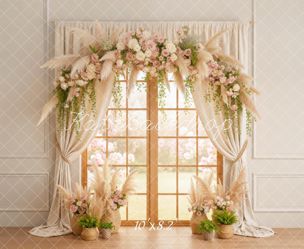 Kate Spring Flower Arch Window Curtains Pampas Grass Backdrop Designed by Emetselch
