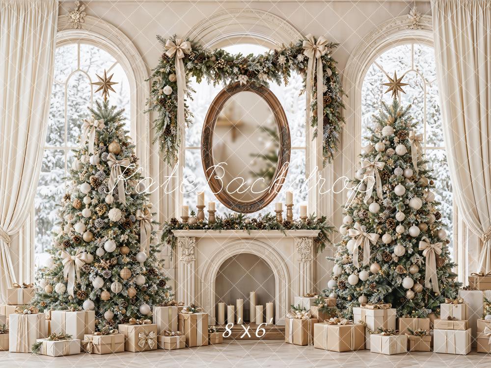 Kate Christmas Vintage Fireplace Window Christmas Tree Gifts Printed Backdrop Designed by Emetselch