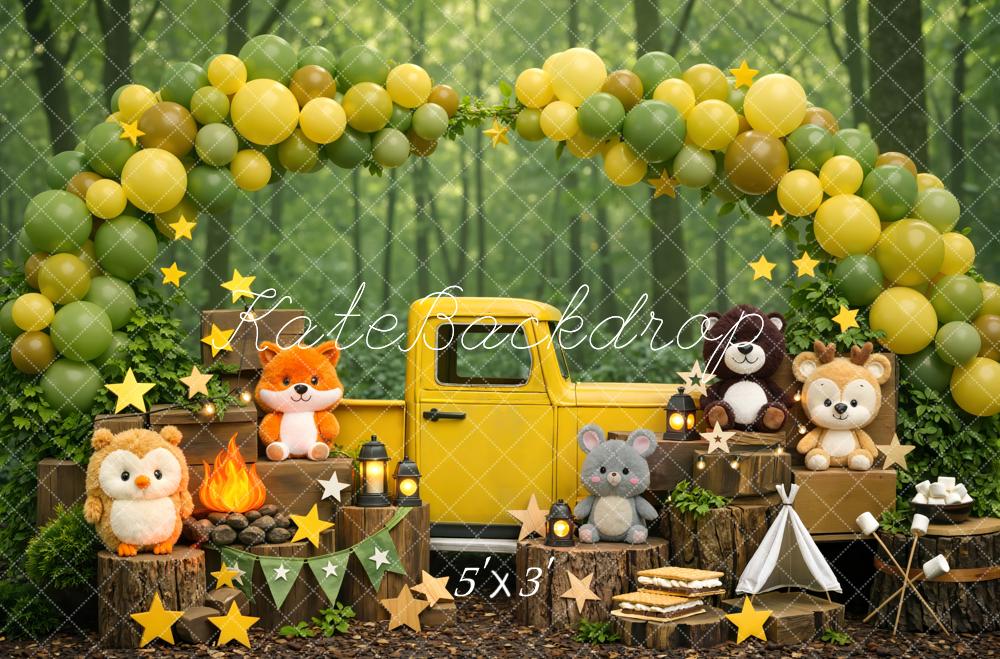 Kate Cake Smash Woodland Animals Yellow Truck Balloon Arch Printed Backdrop Designed by Mini MakeBelieve