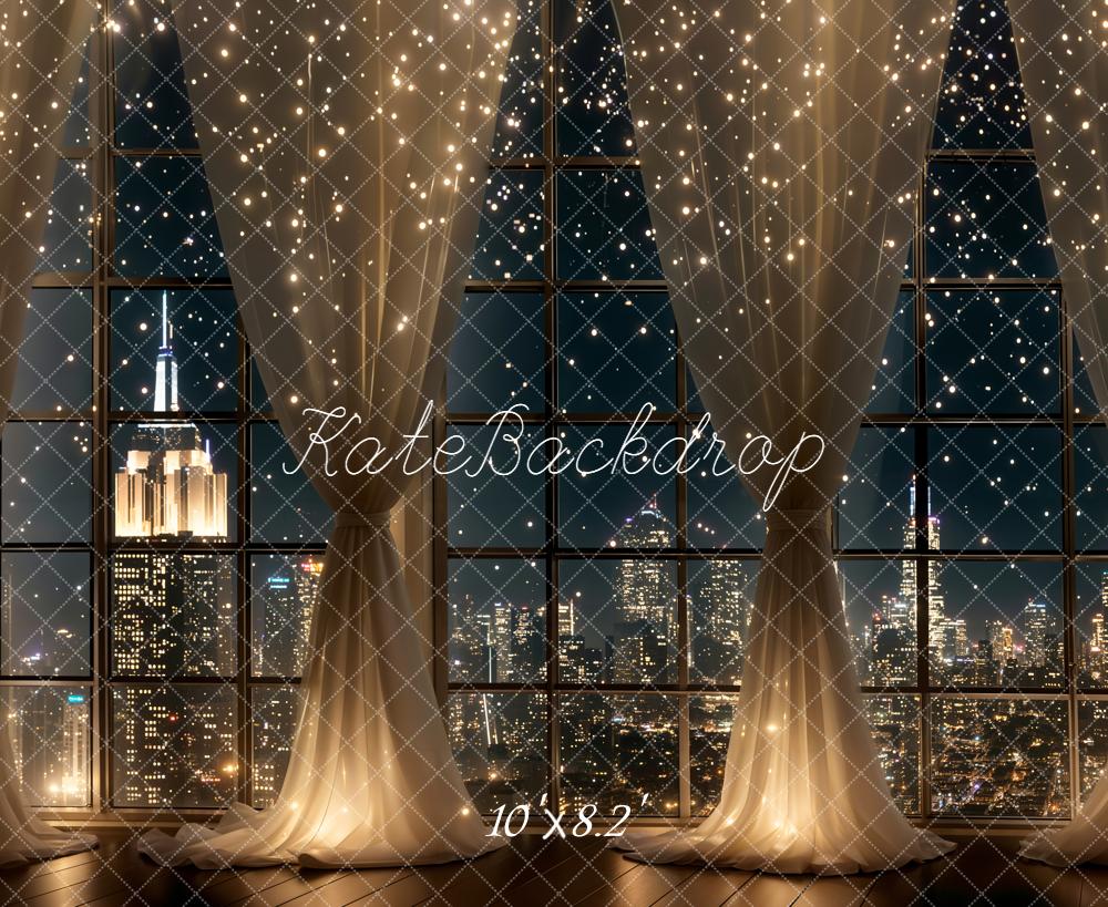 Kate New Year City Night Skyline Window Curtains String Lights Backdrop Designed by Chain Photography