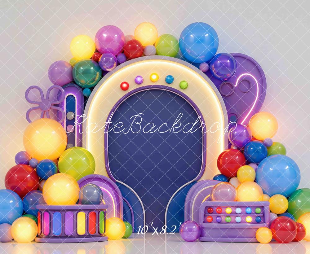 Kate Cake Smash Colorful Balloon Arch Round Frame Printed Backdrop Designed by Mini MakeBelieve