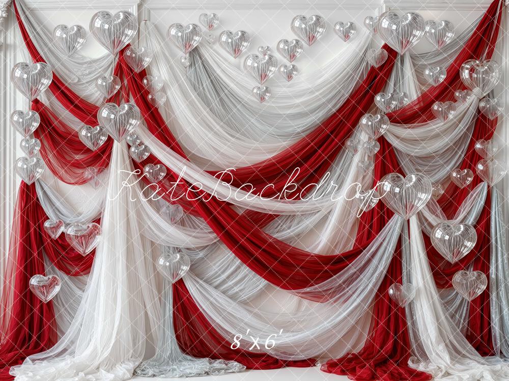 Kate Valentine's Day Red White Drapery Heart Balloons Printed Backdrop Designed by Mini MakeBelieve