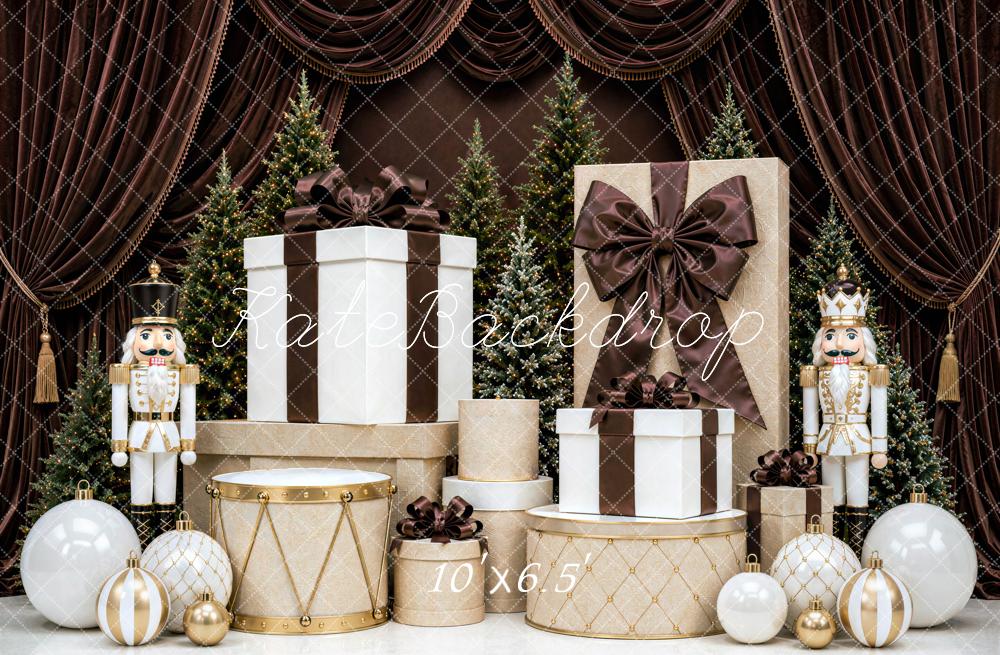Kate Christmas Nutcracker Gift Boxes Tree Brown Curtains Printed Backdrop Designed by Mini MakeBelieve
