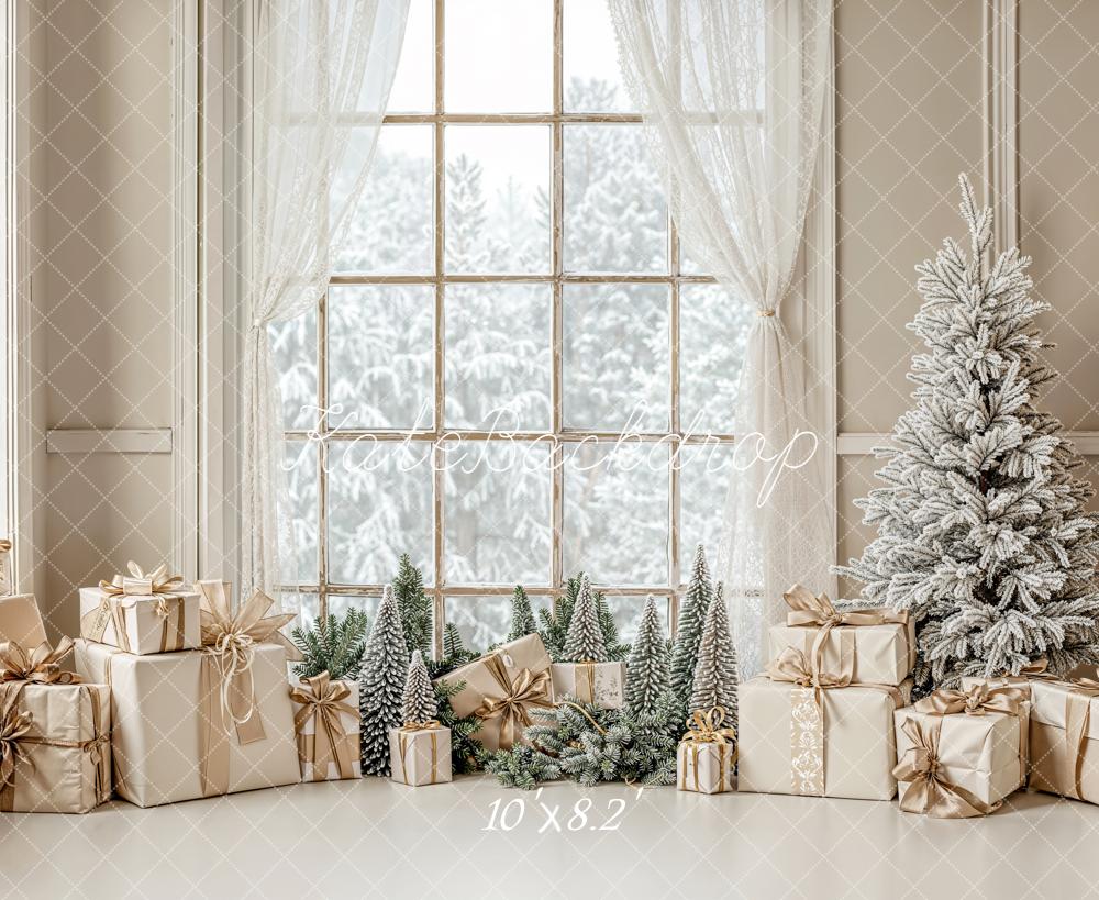 Kate Christmas Snowy Tree Gold Gifts Window Curtain Backdrop Designed by Emetselch